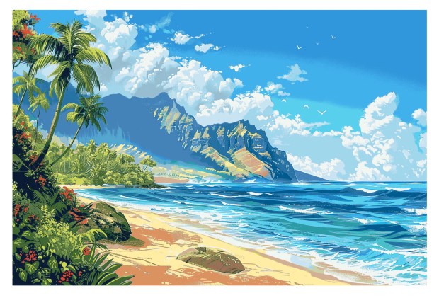 Hand-painted tropical beach mural with mountains and palm trees, a custom wall art project by ImpresaWall.