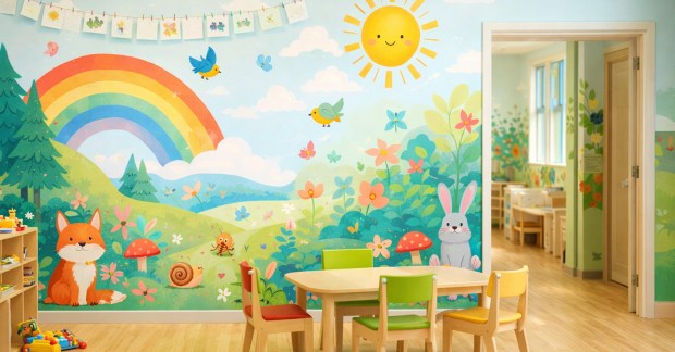 Custom wall murals for classrooms, hallways, play areas, and educational spaces