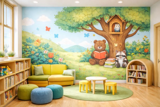 Custom wall murals for classrooms, hallways, play areas, and educational spaces