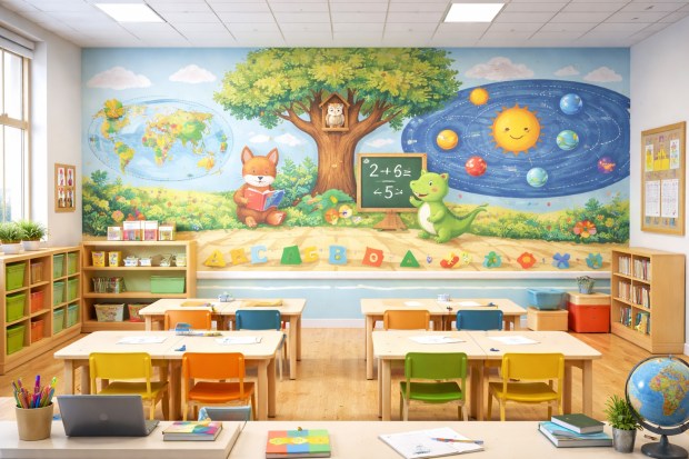 Custom wall murals for classrooms, hallways, play areas, and educational spaces