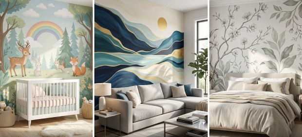Collage of custom residential murals by ImpresaWall: a magical forest nursery, a modern abstract living room, and an elegant botanical bedroom.