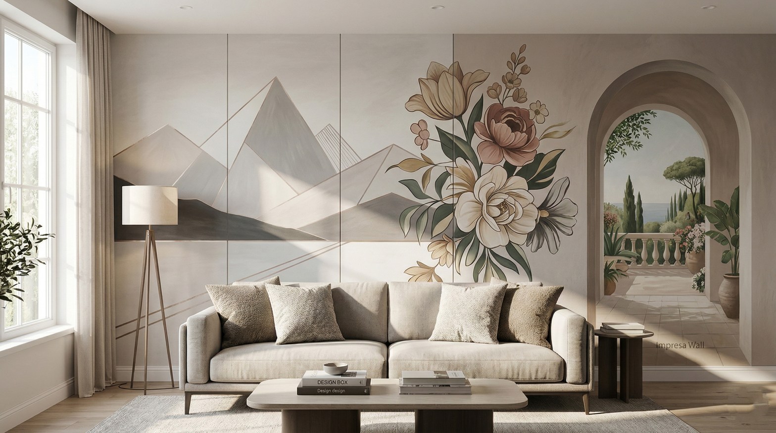 Hand-painted living room wall mural ideas combining 5 different artistic styles by Impresa Wall.
